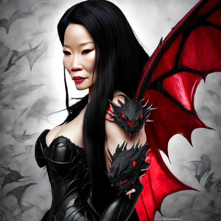 Woman in gothic attire with dragon and red wings in fantasy setting.