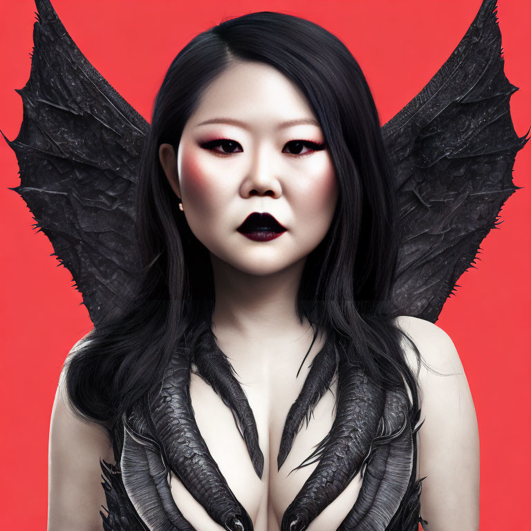Digital portrait of woman with dark feathered wings and dramatic makeup on red background.