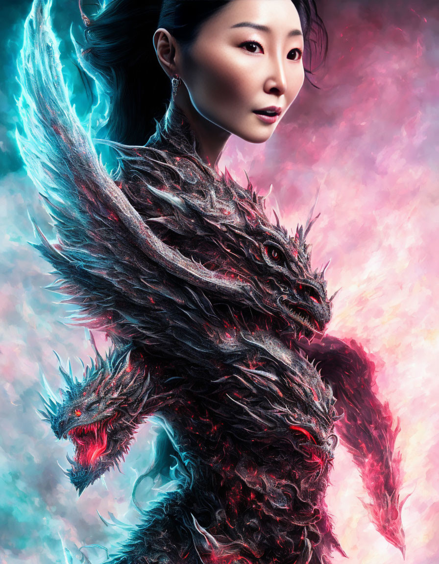 Woman merged with dragon in vibrant blue and pink hues with intricate scales