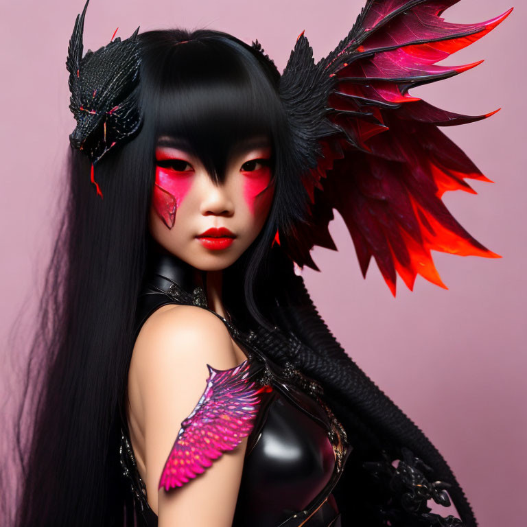 Woman with dark makeup and red eyes in black and red winged accessories on pink background
