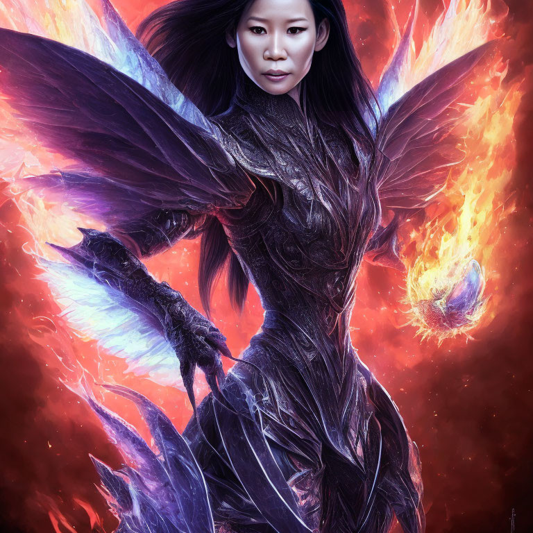 Digital artwork: Woman in dark armor with fiery wings, holding flaming orb