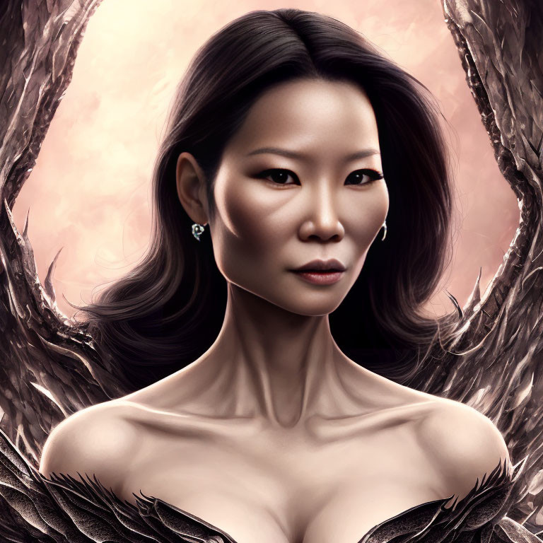 Asian woman with black hair and wing-like structures in digital artwork