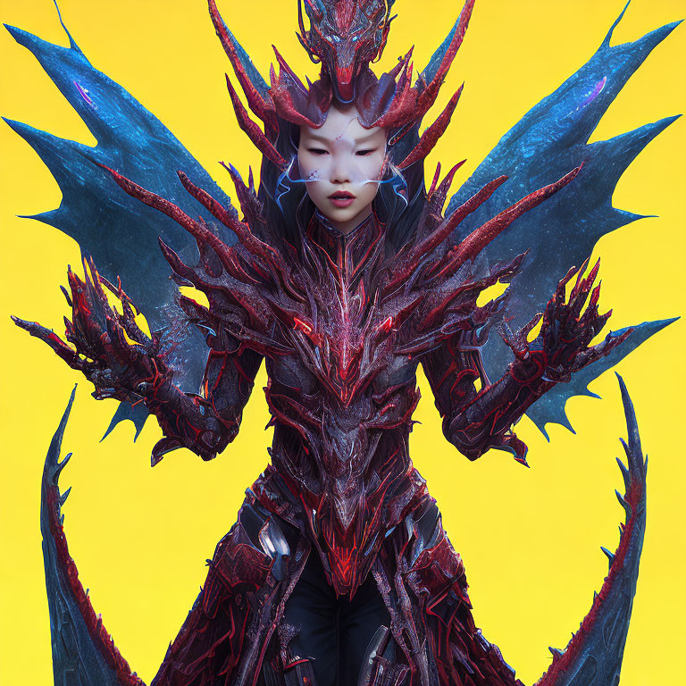 Elaborate Red and Blue Dragon-Themed Armor on Person