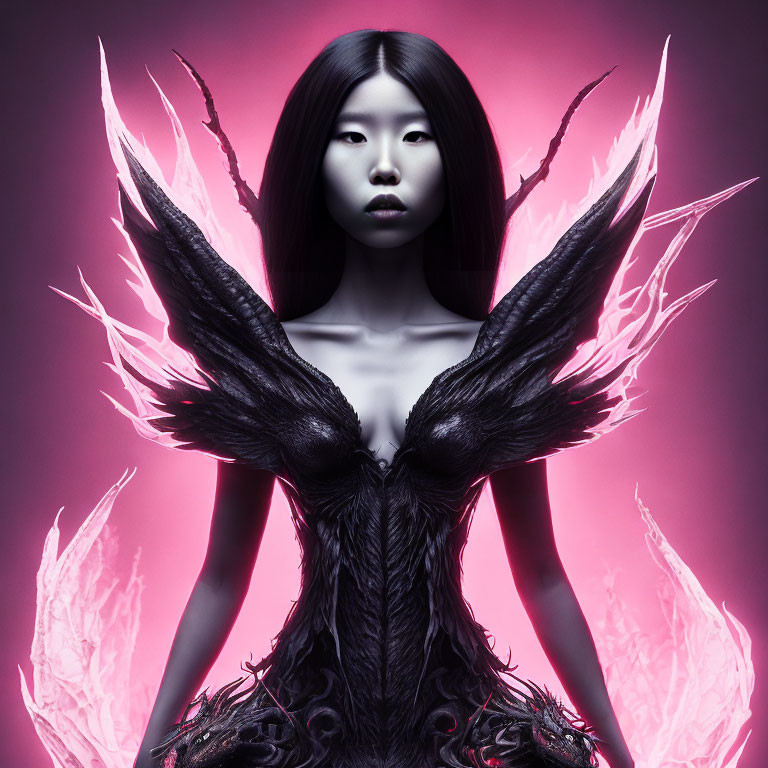 Conceptual portrait of woman with dark feathered garment and glowing pink wings on monochromatic pink background