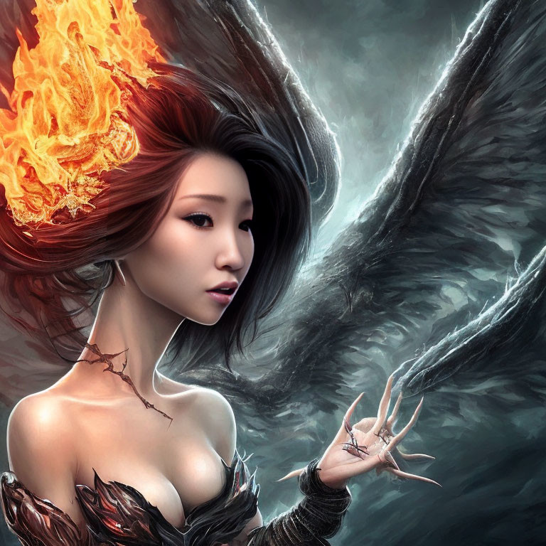 Fantasy-themed image: Woman with fiery red hair, dark wings, feathers, and bark-like textures