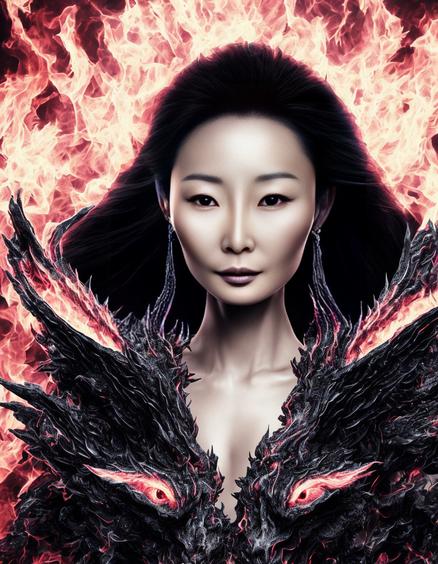 Woman with striking makeup between fiery phoenixes in blazing backdrop