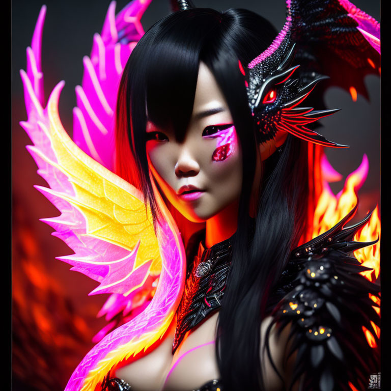 Vibrant fantasy costume with dragon-themed makeup and fiery wings