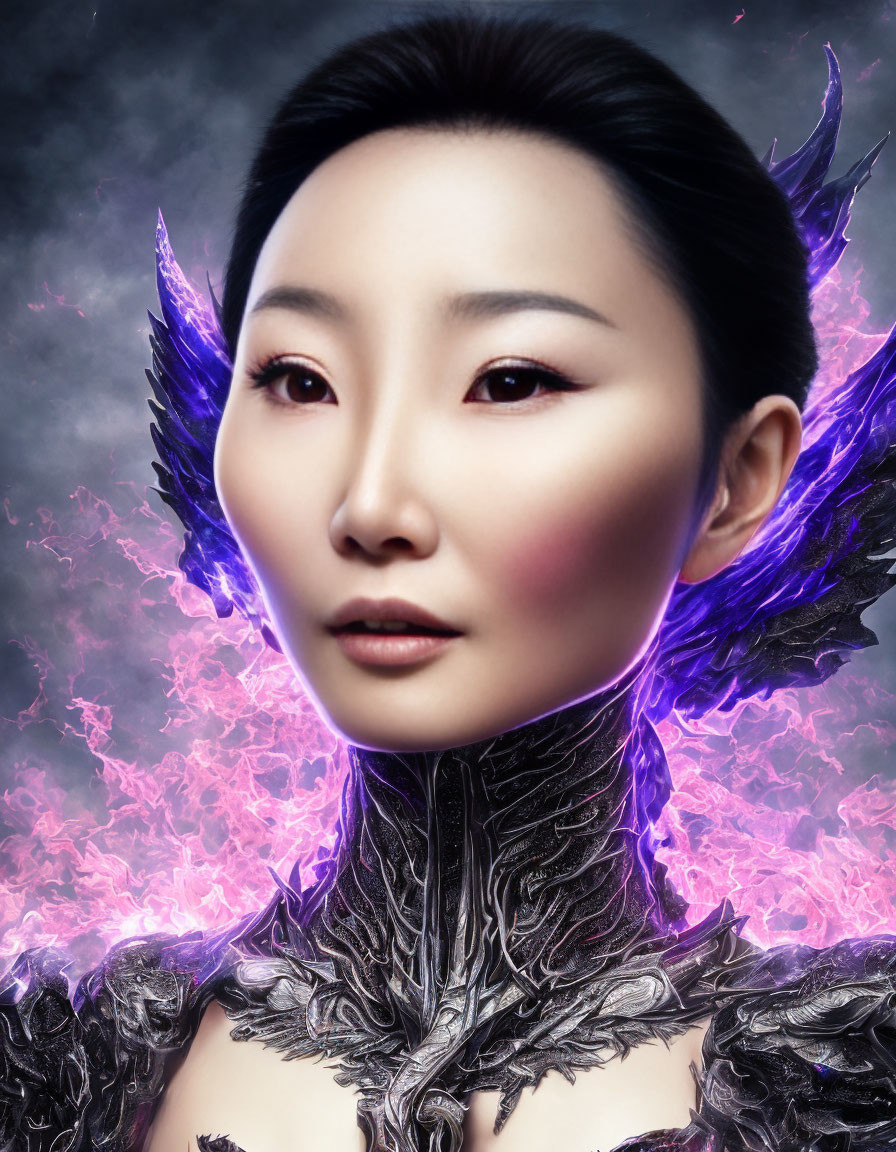 Digital Art: Woman in Metallic Armor with Glowing Wings & Pink Energy Background