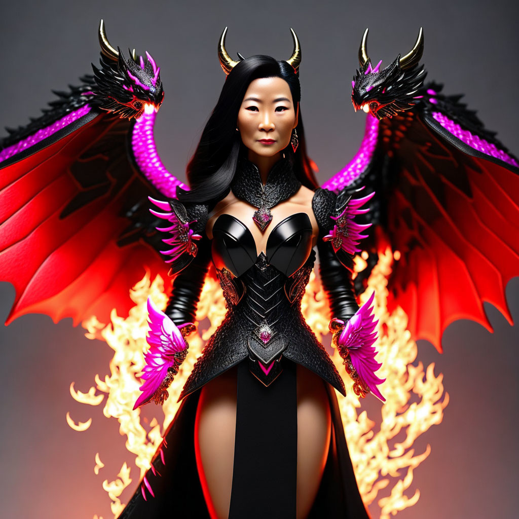 Dark fantasy costume with red and black wings and fiery details