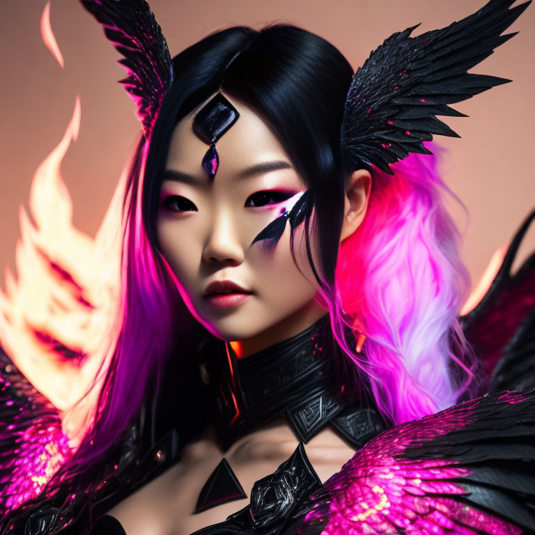 Dark-haired person with purple highlights, black feathered wings, and intricate facial markings on warm background