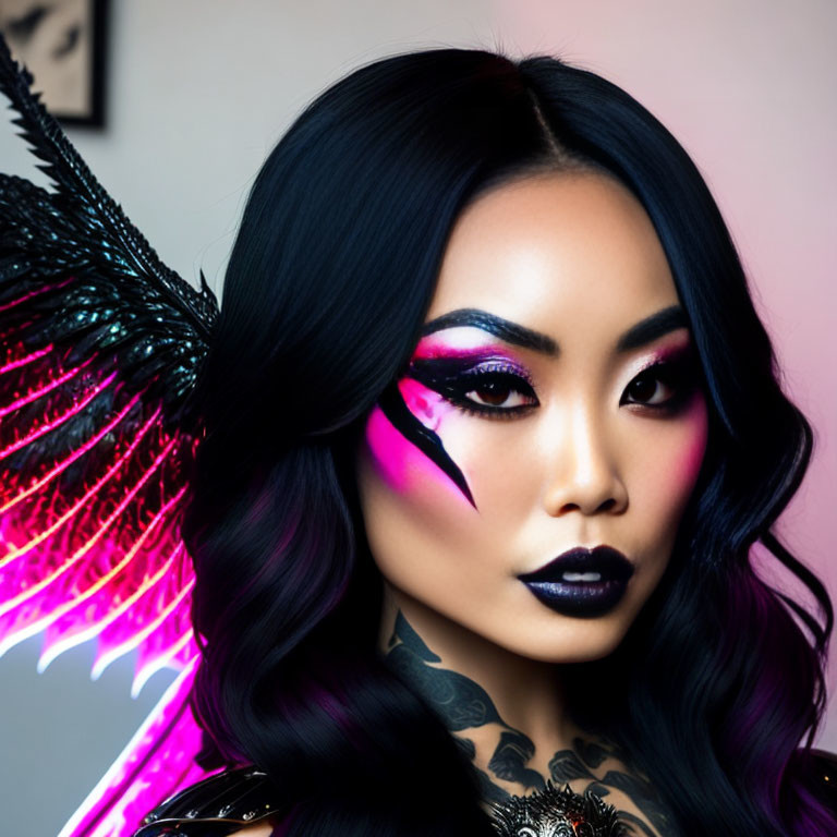 Woman with Dramatic Pink and Black Makeup and Neon Winged Eye Makeup