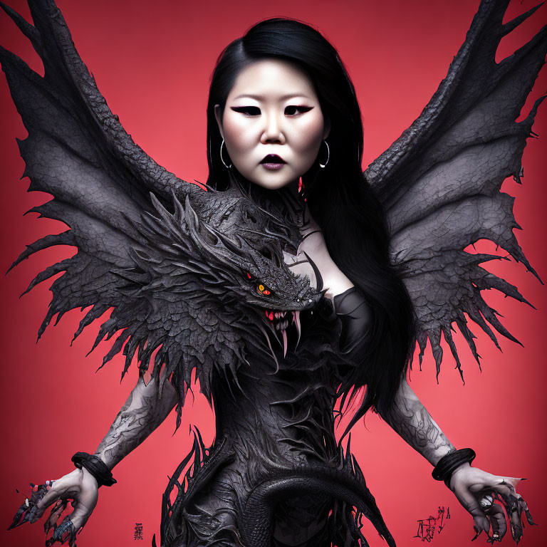 Woman with striking makeup merges with dark dragon on vivid red background