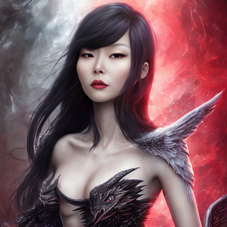 Digital Artwork of Woman with Ethereal Quality and Winged Shoulders in Red and Grey Swirl