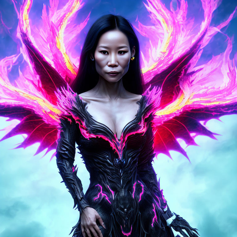 Elaborate Fantasy Costume with Pink and Purple Wings on Cool Background