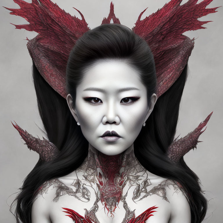 Monochromatic image of woman with red dragon-like wings and tattoos