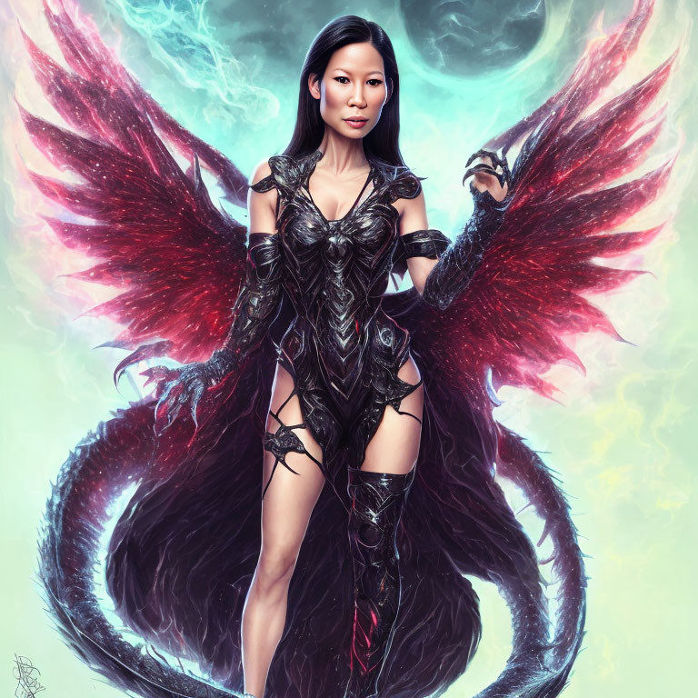 Stylized digital artwork: Woman with red wings in dark fantasy armor