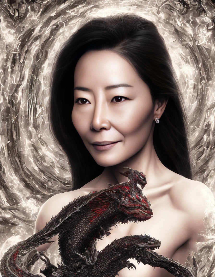 Dark-haired woman with subtle makeup beside red and black dragon in abstract setting