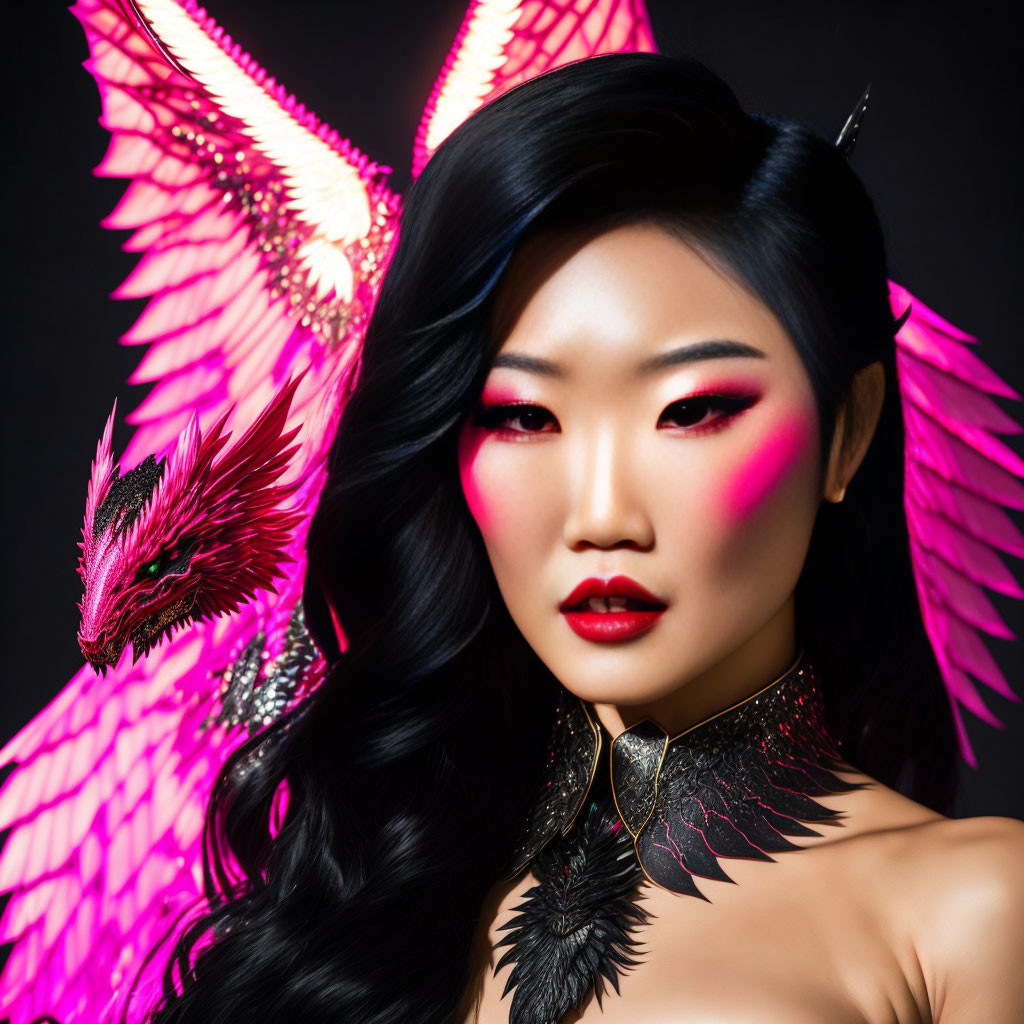 Woman with Dramatic Makeup and Pink Winged Creature on Dark Background