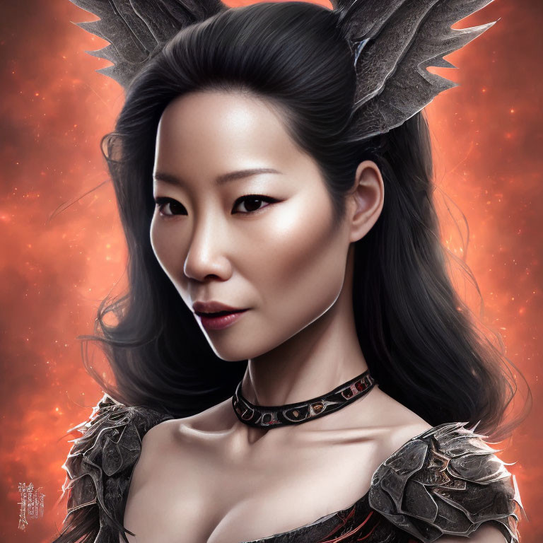 Fantasy warrior portrait with Asian features and dragon-like horns in fiery armor