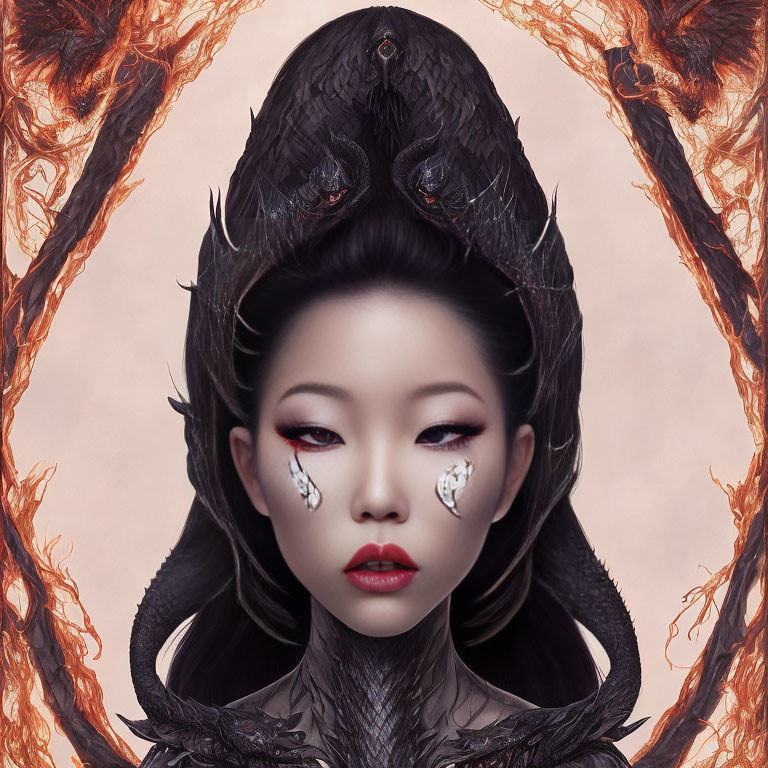 Digital artwork featuring person with ornate black headdress and serpentine creatures.