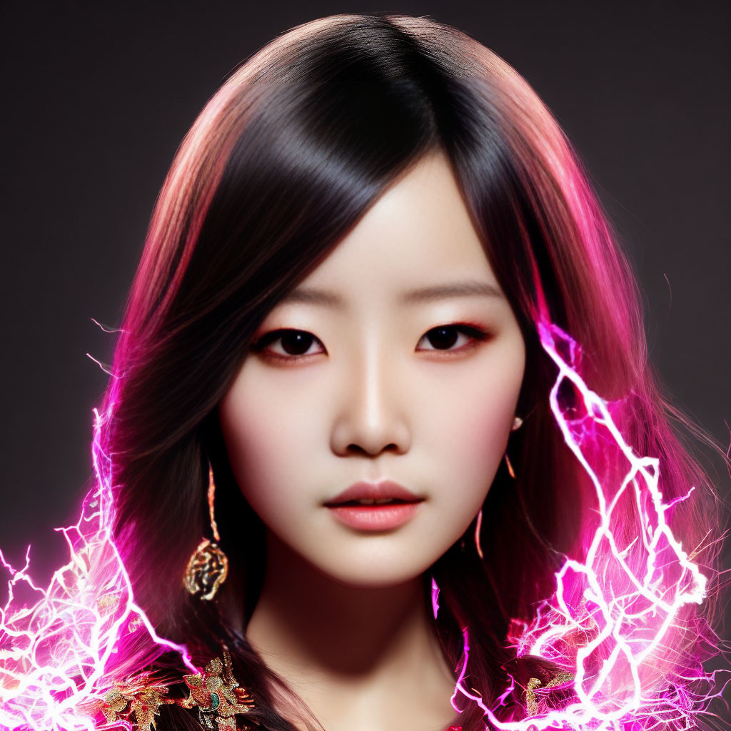 Ombre Hairstyle with Pink Highlights and Lightning Effects on Dark Background