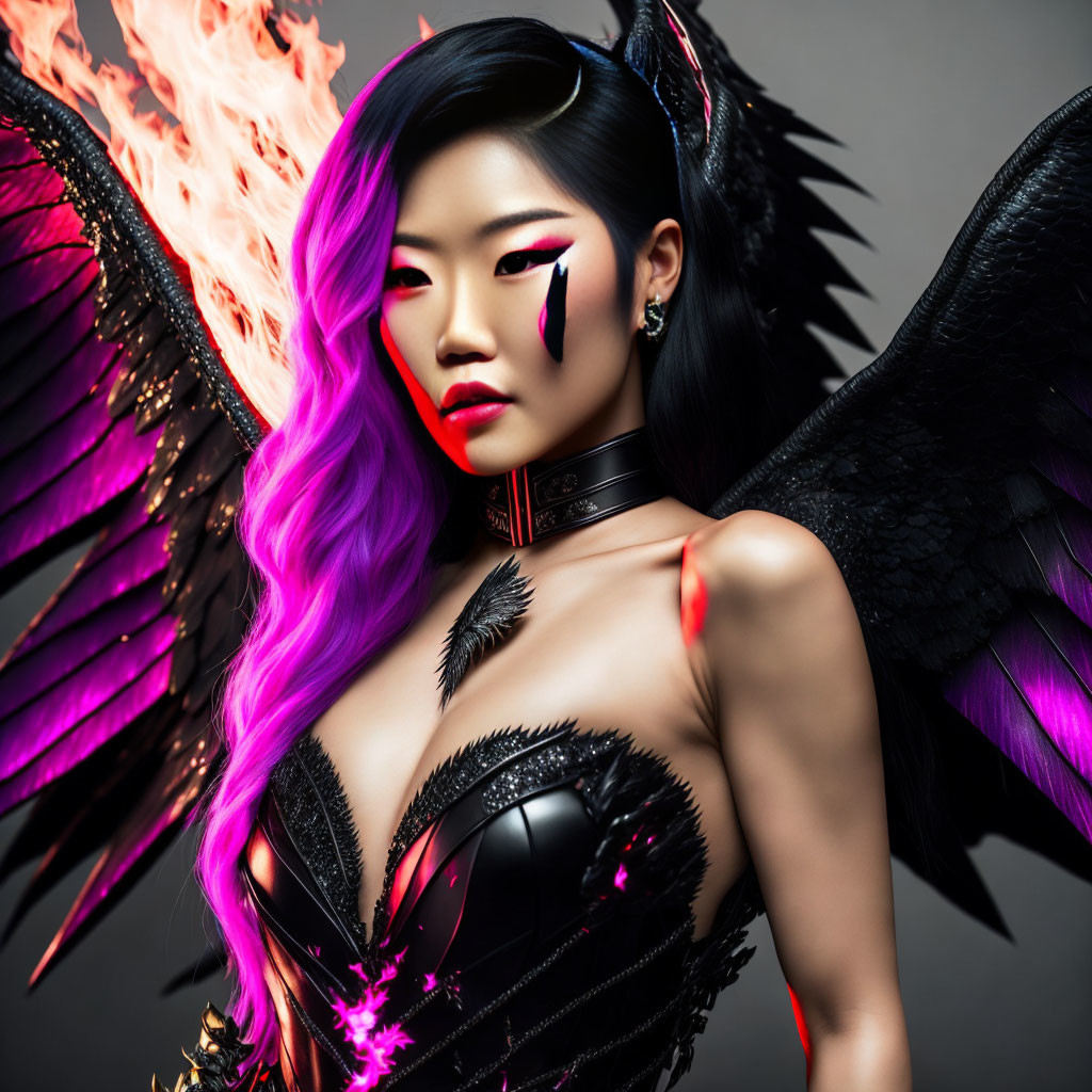 Vibrant purple-haired woman with black wings in dark fantasy setting
