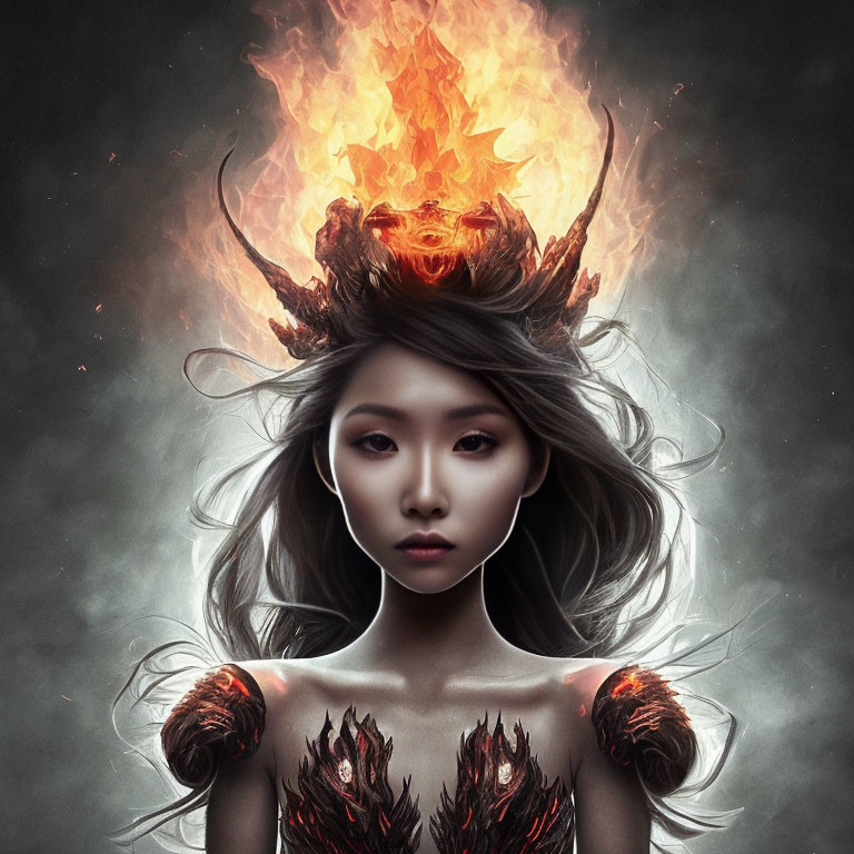 Digital Artwork: Woman with Flaming Crown and Fiery Shoulder Embellishments