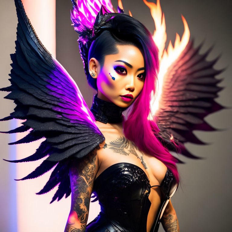 Vivid Purple Makeup and Magenta Hair with Dark Angel Wings