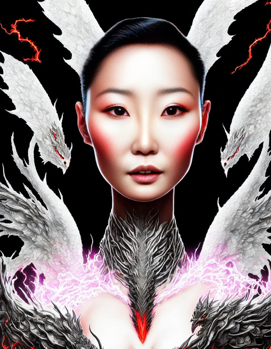 Person with striking makeup merged with double-headed dragon on black background
