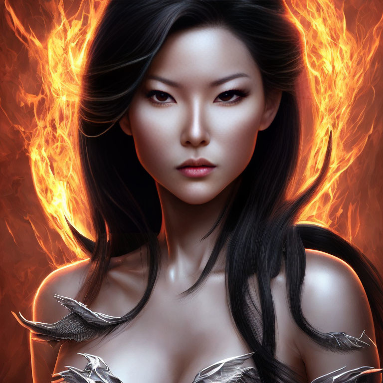 Intense portrait of a woman with powerful gaze and fiery backdrop.