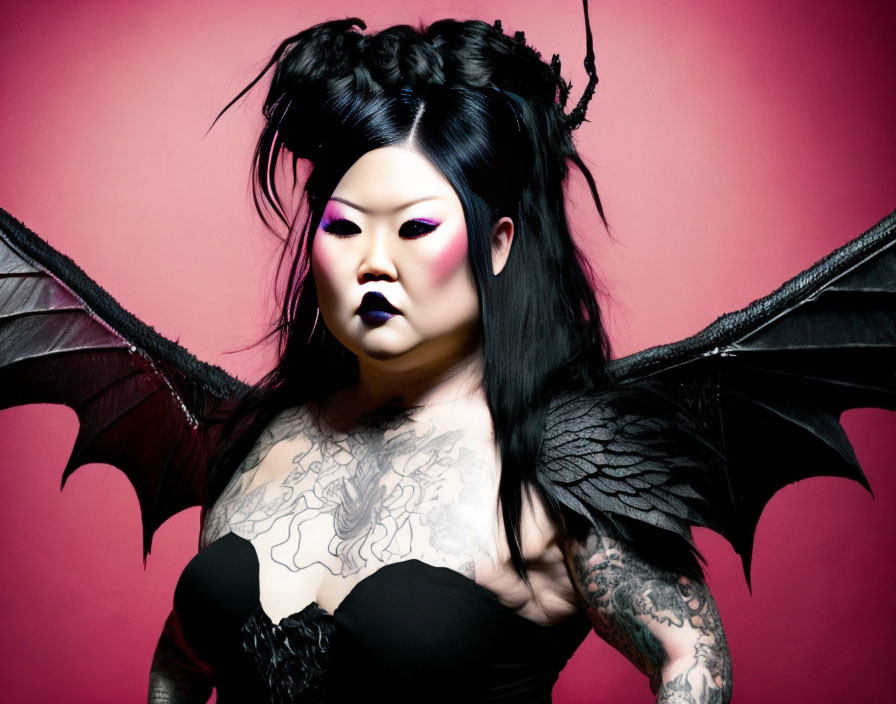 Dark-haired woman with tattoos and bat wings on pink backdrop