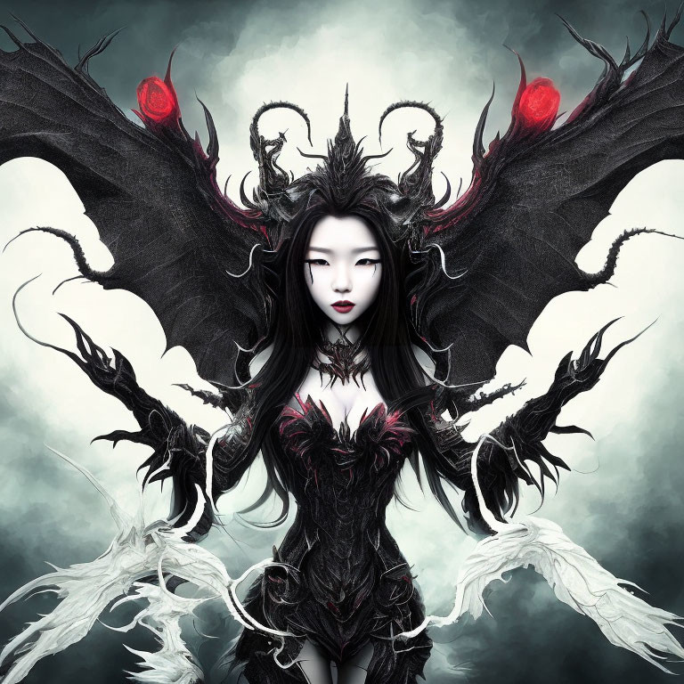 Dark angel woman with pale skin, red eyes, and elaborate crown against gray backdrop