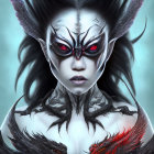 Illustrated female character with red eyes, black and white facial markings, horn-like protrusions, fiery