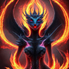 Fiery-winged female fantasy character in dark armor surrounded by flames
