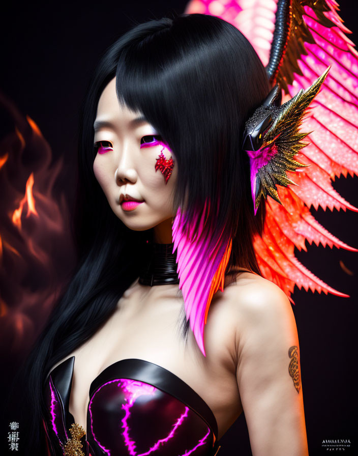 Dark-haired woman in fiery makeup and bird-like shoulder piece wearing black corset with pink details