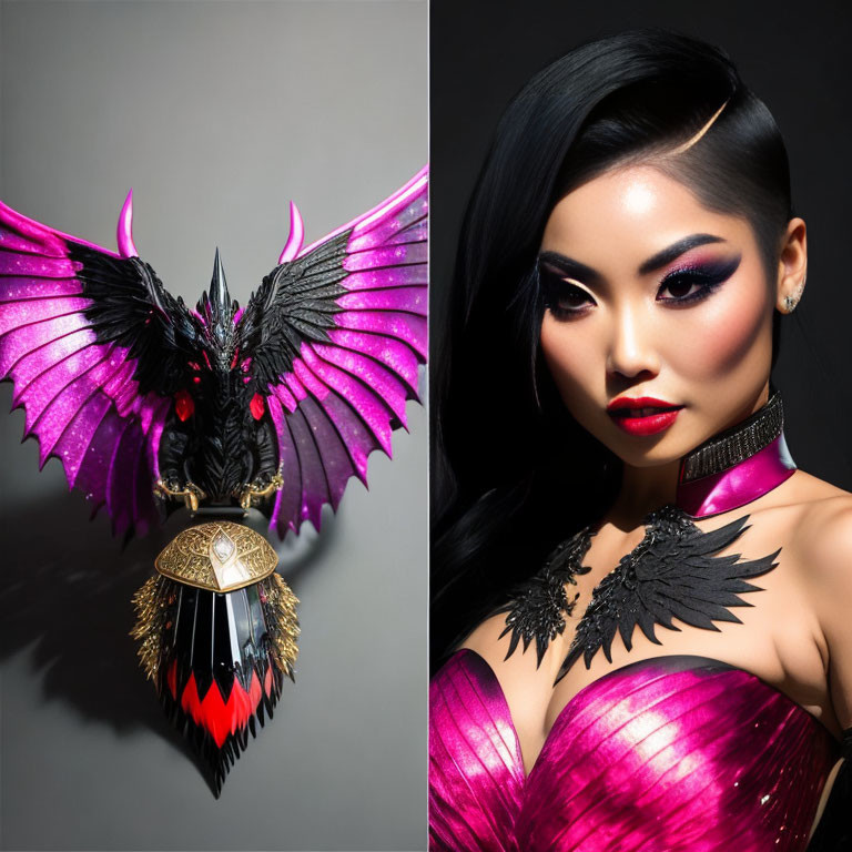 Fantasy creature and woman with matching winged attire split image