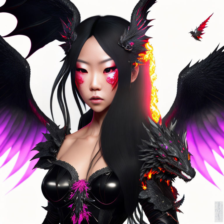 Digital artwork: Woman with black dragon wings, horns, red eyes, fiery glow