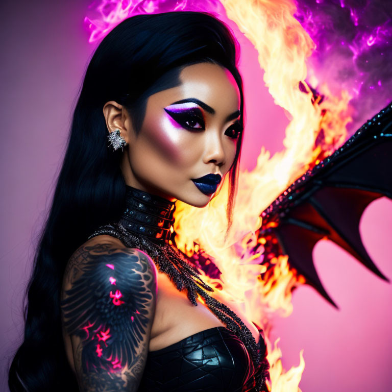 Person with dramatic makeup and tattoo posing near vivid flames in a fantasy setting