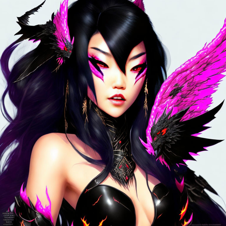 Digital art portrait of woman with long black hair, vibrant pink makeup, dark armor, fiery accents,