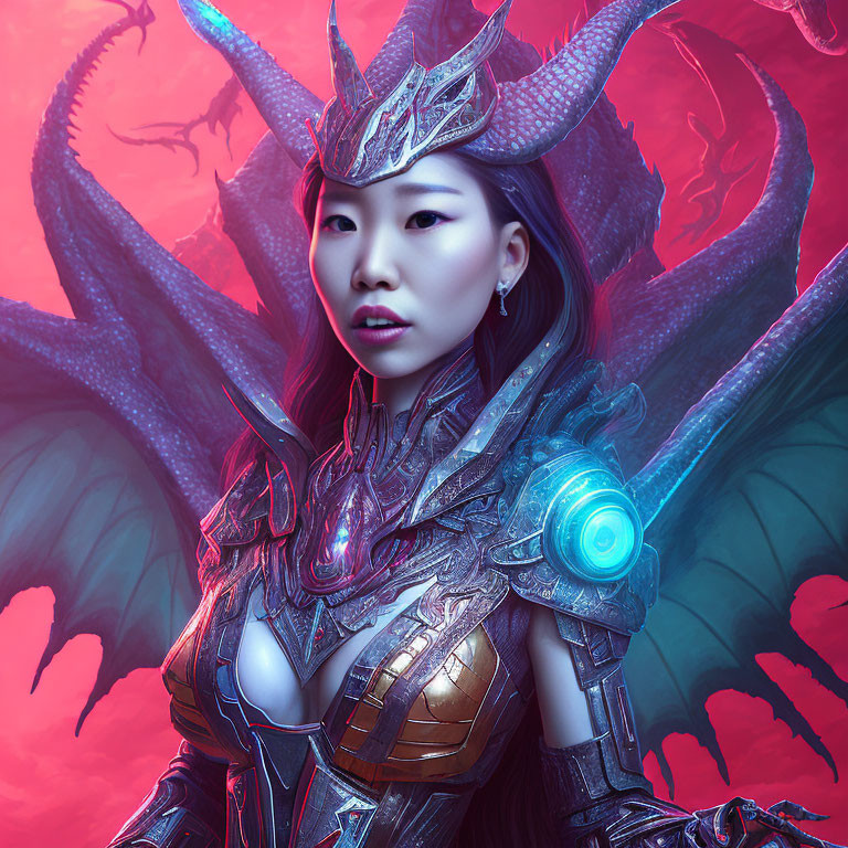 Fantasy-themed woman in dragon armor against dragon backdrop
