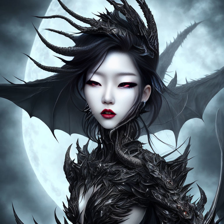 Fantastical woman with dragon-like wings and horns under full moon