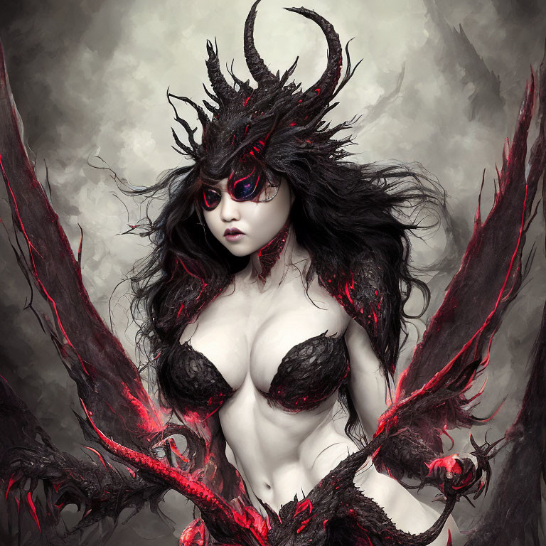 Dark fantasy female character with horned headpiece, red eyes, and wing-like structures on smoky