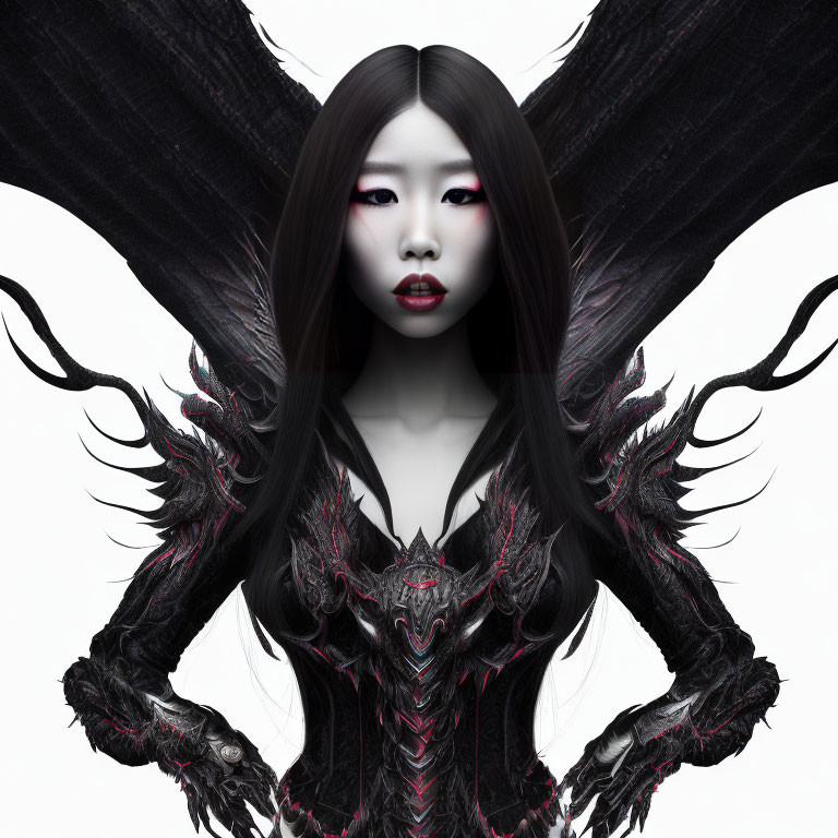 Dark angelic winged female with pale skin and red eyes on white background