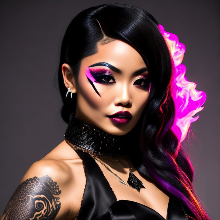 Bold Makeup Woman with Purple Flame Hair and Shoulder Tattoo