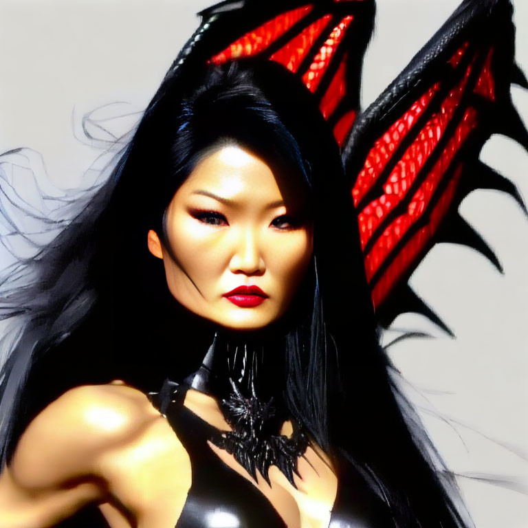 Stylized image of woman with Asian features in red and black winged attire