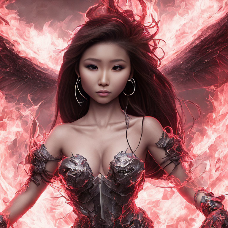 Portrait of Woman in Dark Fantasy Armor with Fiery Background