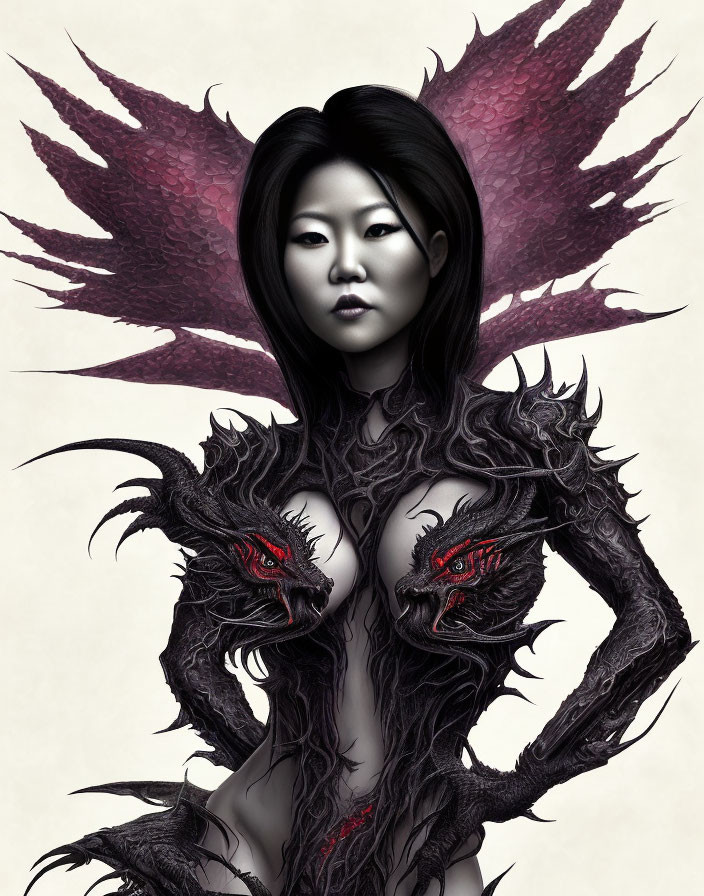Mystical woman with dragon-like markings and red eyes