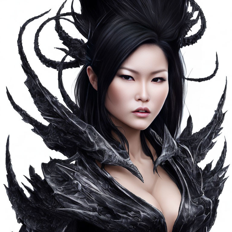 Digital Artwork: Woman with Stylized Black Hair & Ornate Dark Armor