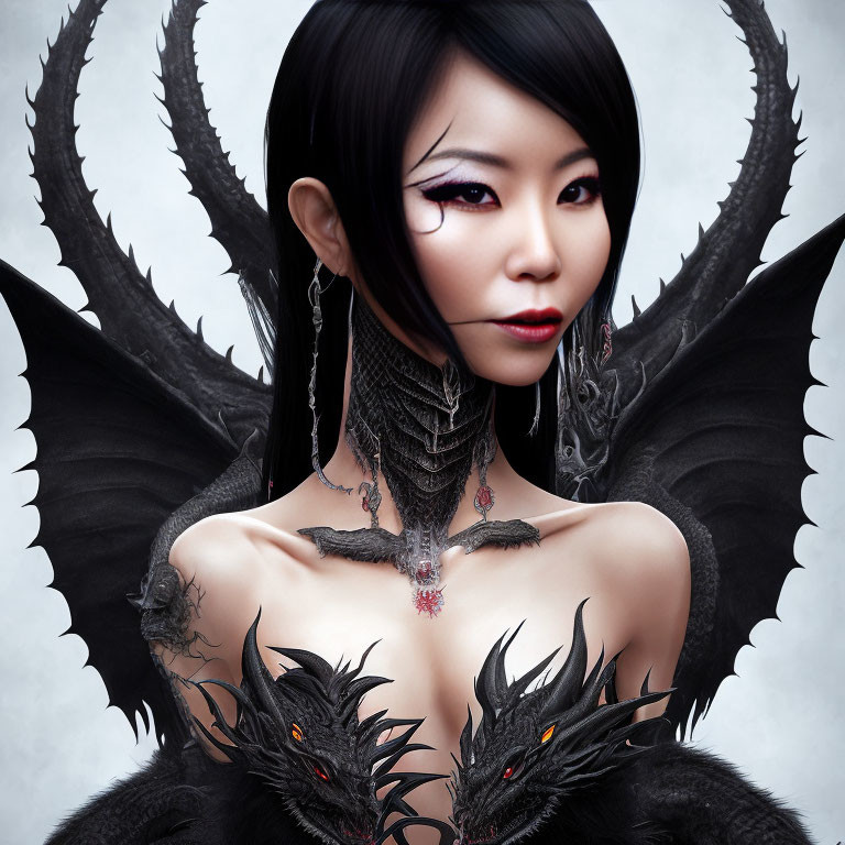 Dark-winged woman with pale skin and striking makeup, flanked by dragon-like creatures.