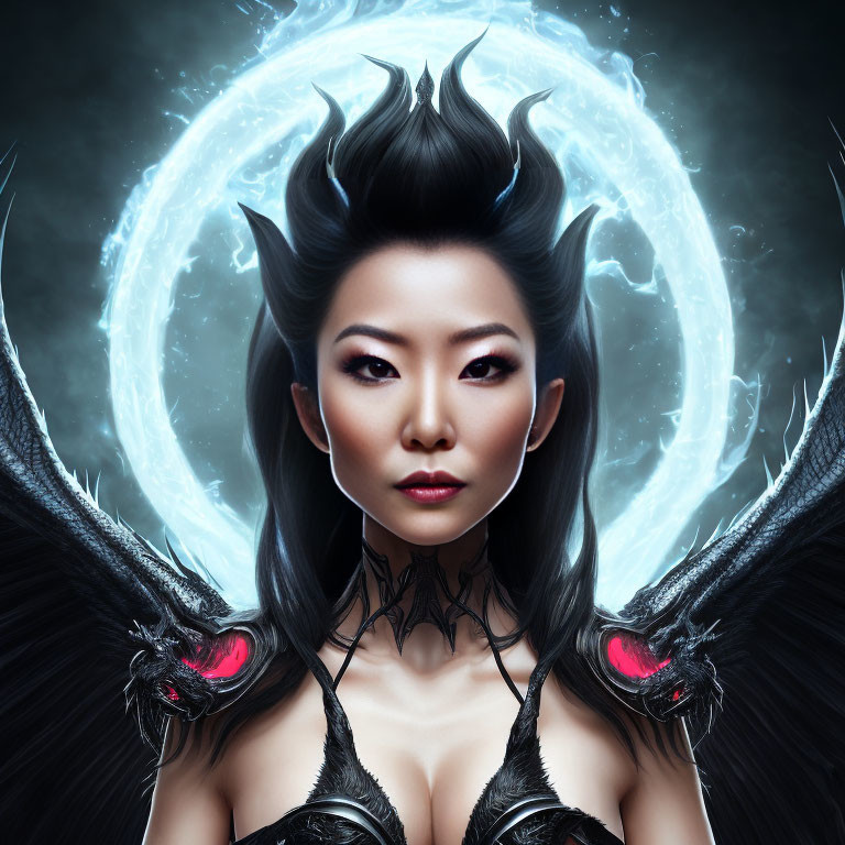 Digital Artwork: Woman with Dark Crown and Mystical Energy Circle